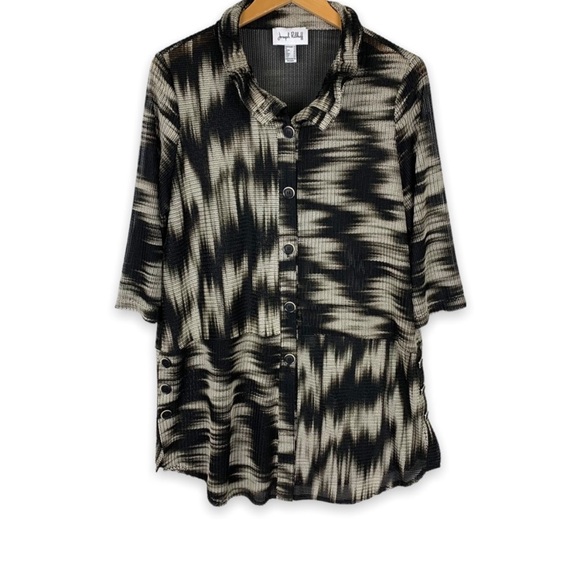 Joseph Ribkoff Black Beige Abstract Wired Collar Semi-Sheer Tunic Jacket Size 8 - Picture 2 of 7